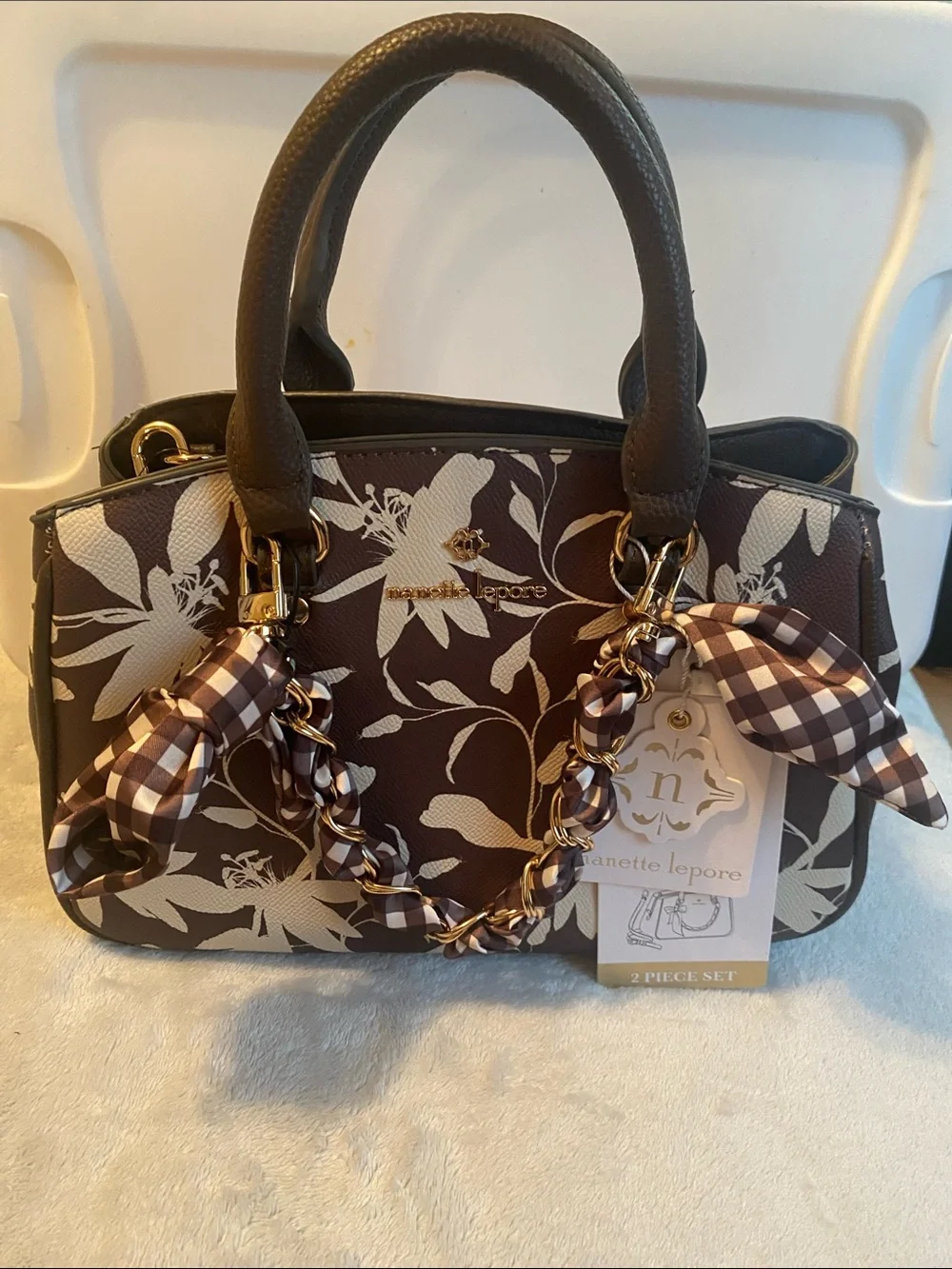 Nanette Lepore Brown and Cream Floral Satchel with Gingham Scarf